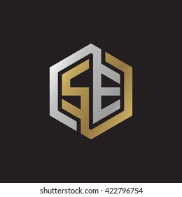 SE initial letters looping linked hexagon elegant logo golden silver black background