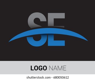 SE initial logo company name colored grey and blue swoosh design.