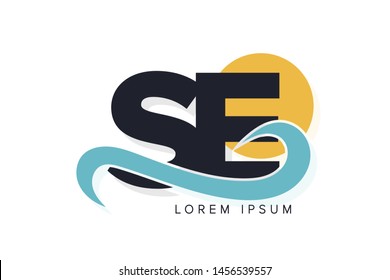 SE letter logo with ocean waves and sunset. Beach concept design