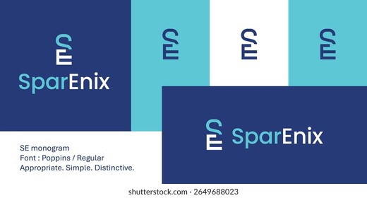 Monograma do logotipo SE com estilo geométrico arrojado e design mínimo. Esse design nítido e estruturado une S e E em um símbolo limpo e arrojado, ideal para tecnologia, consultoria, saúde ou marcas corporativas.