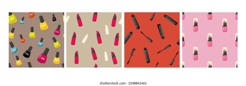 se of Makeup seamless pattern. Illustrations of different cosmetics. Lipstick and pomade glamour vector background