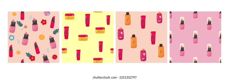 se of Makeup seamless pattern. Illustrations of different cosmetics. Lipstick and pomade glamour vector background