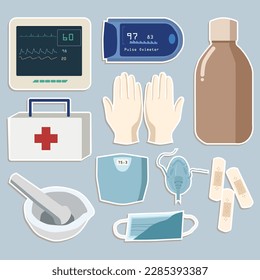 Se of Medical Items Cute Sticker Illustration