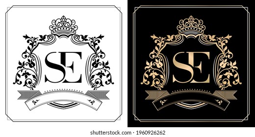 SE royal emblem with crown, initial letter and graphic name Frames Border of floral designs with two variation colors, SE Monogram, for insignia, initial letter frames, wedding couple name