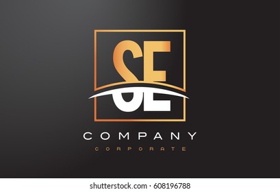 SE S E Golden Letter Logo Design with Swoosh and Rectangle Square Box Vector Design.