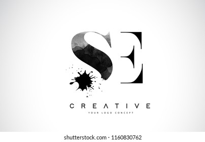 SE S E Letter Logo Design with Black Ink Watercolor Splash Spill Vector Illustration.