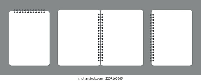 se of spiral bound notebook mockups, open blank sketchbook, template or mock up for your sketch, vector illustration, grey background