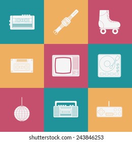 Se of thin icons on 80s theme for your design