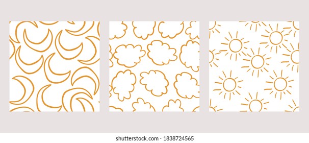Se of three seamless childish pattern with hand-drawn doodle sun, moon, and cloud vector illustration. Good for kids theme, textile, fabric, apparel, wallpaper, greeting card, stationary, cover.