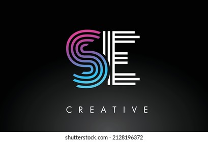 SE White Purple Lines Letter Logo. Creative Line Letters Design Vector Template.