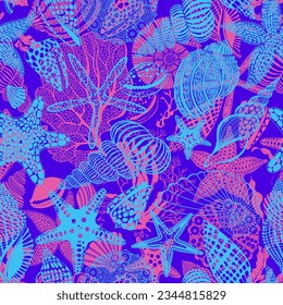 Sea. Abstract bright seamless pattern with underwater plants,starfish and seashells. Vector. Perfect for design templates, wallpaper, wrapping, fabric and textile.