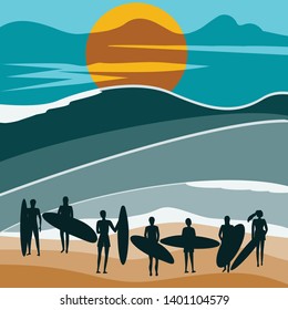 Sea abstract landscape - a group of surfers stand on the beach - illustration, flat style - vector