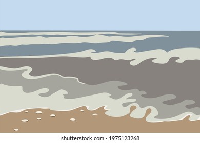 sea abstract landscape. Ocean waves, rocks on the shore. Abstract stylish background with tropical coastline. Concept of travel, leisure and tourism. Vector wall poster.