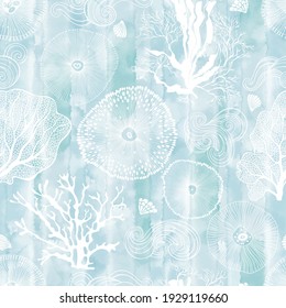 Sea. Abstract seamless pattern on the marine theme on blue watercolor background. Vector. Perfect for design templates, wallpaper, wrapping, fabric and textile.