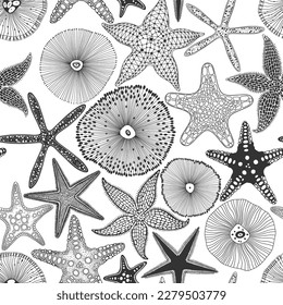 Sea. Abstract seamless pattern on the marine theme with starfish. Vector. Perfect for design templates, wallpaper, wrapping, fabric and textile.