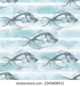 Sea. Abstract seamless pattern on the marine theme with fishes on blue watercolor background. Vector. Perfect for design templates, wallpaper, wrapping, fabric and textile.