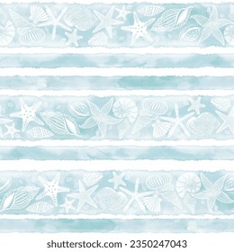 Sea. Abstract seamless pattern on the marine theme with  starfish and seashells on blue watercolor striped background. Vector. Perfect for design templates, wallpaper, wrapping, fabric and textile.