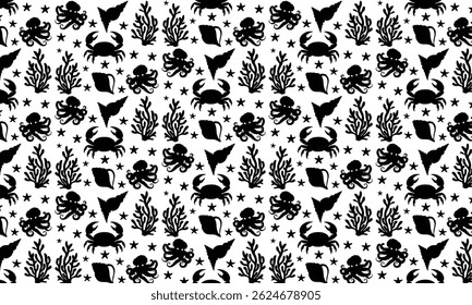 Sea Abstract Underwater Plants Shapes Silhouette Pattern, Corals Silhouette Illustration Design Set, Starfish, Ocean Abstract Underwater Plants Shapes Pattern, Coral Reef Plants, 