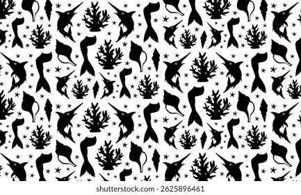 Sea Abstract Underwater Plants Shapes Silhouette Pattern, Corals Silhouette Illustration Design Set, Starfish, Ocean Abstract Underwater Plants Shapes Pattern, Coral Reef Plants, 