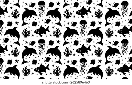 Sea Abstract Underwater Plants Shapes Silhouette Pattern, Corals Silhouette Illustration Design Set, Starfish, Ocean Abstract Underwater Plants Shapes Pattern, Coral Reef Plants, 