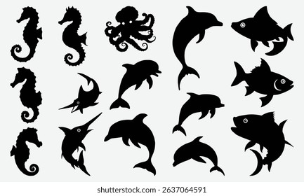 Sea Abstract Underwater Plants Shapes vector Silhouette, Different Types Of Marine Flora Decorative Elements.