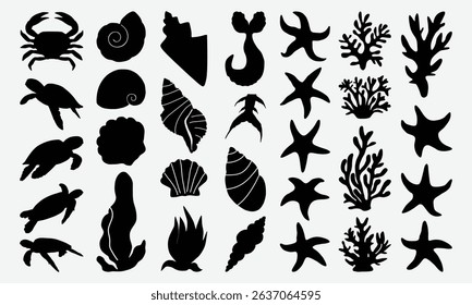 Sea Abstract Underwater Plants Shapes vector Silhouette, Different Types Of Marine Flora Decorative Elements.