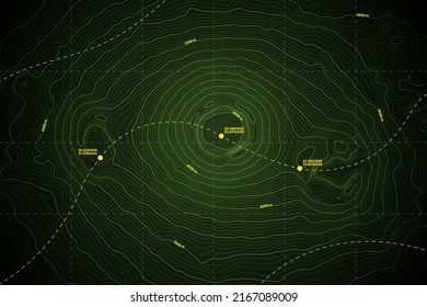 Sea Abyss Crater Vector Topographic Map With Depth Route And Coordinates Conceptual User Interface Dark Green Background. Topography Relief Of Dormant Volcano Underwater Area Abstract Illustration