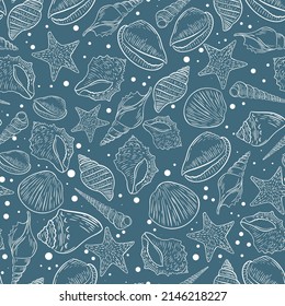 Sea abyss with seashell seamless pattern. Background white silhouette oceanic mollusks on blue background. Template for fabric, wrapping, wallpaper and design vector illustration