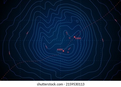 Sea Abyss Vector Topographic Map With Depth Route And Coordinates Conceptual User Interface Dark Blue Background. Bermuda Triangle Underwater Area Abstract Illustration. Topography Relief Territory