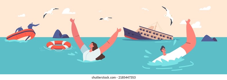 Accidente marítimo, concepto de catástrofe de naufragio. Gente impactada onando manos para atraer a los rescatistas. Personajes intentando sobrevivir en el océano con barco hundiéndose. Ilustración del vector de dibujos animados