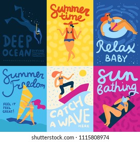 Sea activities cards set with diving and sunbathing symbols flat isolated vector illustration