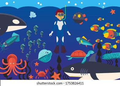 Sea activities, diving in ocean, meeting with underwater inhabitants vector illustration. Man character sank under water. Exploration whales, fish, sharks and seahorses, ocean inhabitants.