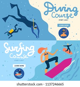 Sea activities horizontal banners set with diving course symbols flat isolated vector illustration