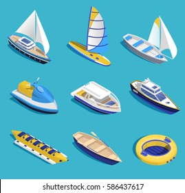 Sea activities isometric set on blue background isolated vector illustration