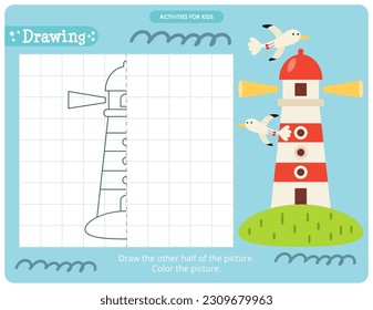 Actividades náuticas para los niños. Termina la foto - Faro. Juegos lógicos para niños. Colorido de la página. Ilustración vectorial.