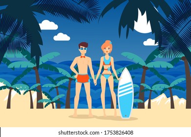 Sea activities result. Surfing on tropical island shore vector illustration. Man and woman in bathing suit standing on beach, board for riding on ocean waves. Vacation hobbies, sports activities.