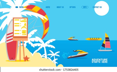 Sea activities result, water transport rental, water scooter, jet ski vector illustration. Price list sign at beach resort, extreme entertainment on water banana, sailboat, high palm trees.