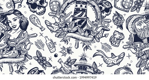 Sea adventure captain, lighthouse and sailor girl pin up style. Seamless pattern. Old school tattoo background 