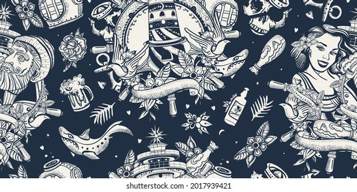 Sea adventure. Captain, lighthouse and sailor girl pin up style. Old school tattoo background. Seamless pattern 