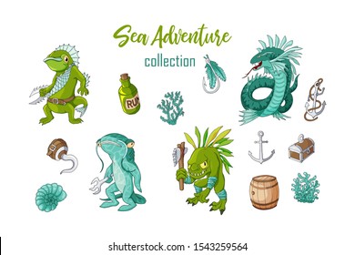 Sea adventure cartoon characters and objects collection vector icons set. Hand drawn Elements collection isolated on white. Colorful book page design for kids and children, sticker or game asset