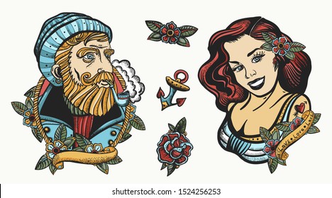 Sea adventure collection. Old school tattoo. Sea wolf captain and sailor girl. Marine elements. Traditional tattooing style 