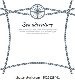 Sea adventure, colorful card, vector illustration isolated on white, crossing cordage on bright backdrop, abstract compass shrouded by cordage roping