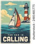 Sea adventure colorful vintage poster with sailing yacht on waves near shore with lighthouse in grunge style vector illustration