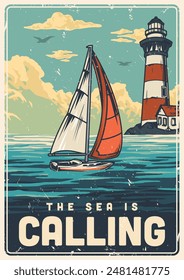 Sea adventure colorful vintage poster with sailing yacht on waves near shore with lighthouse in grunge style vector illustration