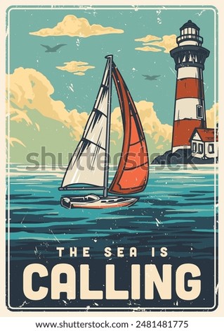 Sea adventure colorful vintage poster with sailing yacht on waves near shore with lighthouse in grunge style vector illustration