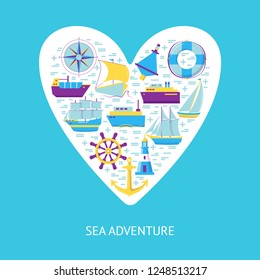 Sea adventure concept banner with ship icons in flat style