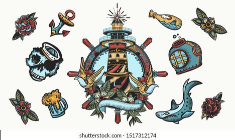 Sea adventure elements. Old school tattoo collection. Lighthouse, anchor, shark and steering wheel. Nautical elements. Traditional tattooing style 