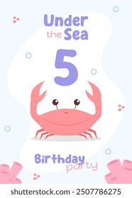Sea adventure fifth birthday party card. Sweet marine-themed invitation with a red crab and corals in soft hues