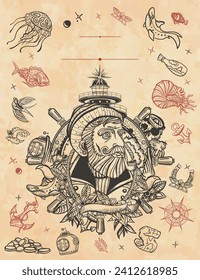 Sea adventure frame. Old paper vector. Old captain smokes a pipe. Bearded seaman portrait. Sea wolf, lighthouse, steering wheel. Cover page template. Vertical background