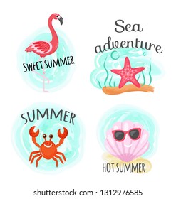 Sea adventure and hot summer, ocean bottom, diving vector. Flamingo and starfish, crab and shellfish in sunglasses, tropical bird and underwater animals
